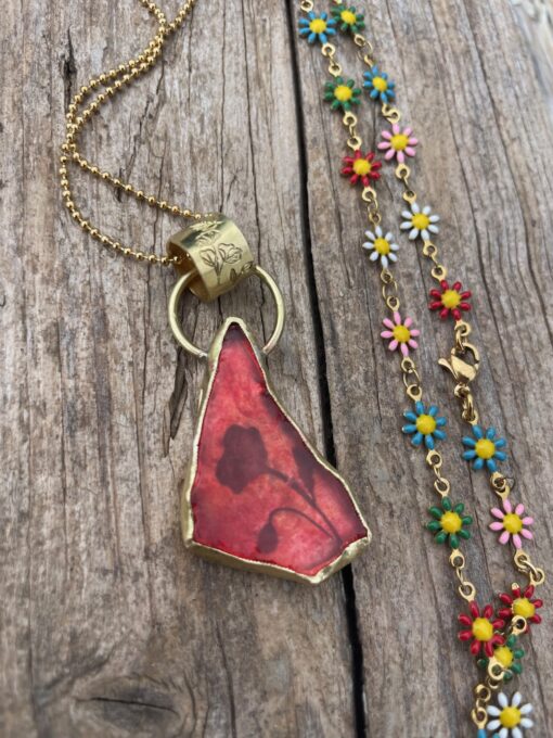 Doppia collana con vetrino rosso e fiori, sentiti leggera - immagine 9