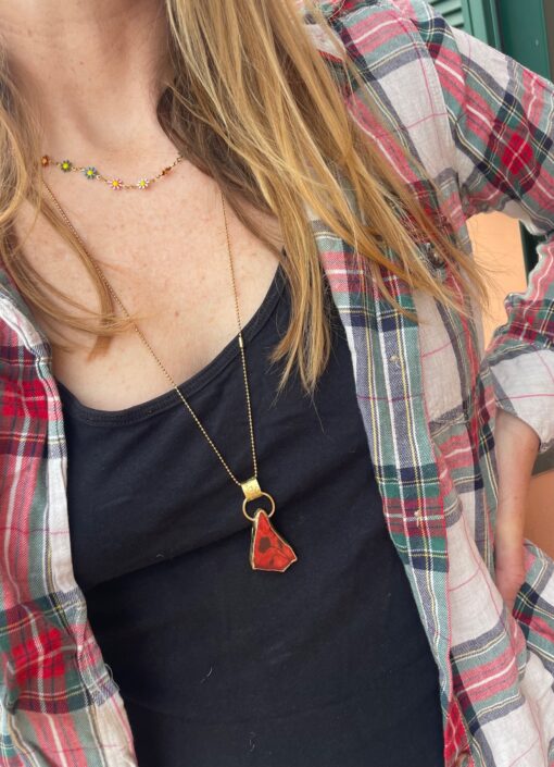 Doppia collana con vetrino rosso e fiori, sentiti leggera - immagine 5